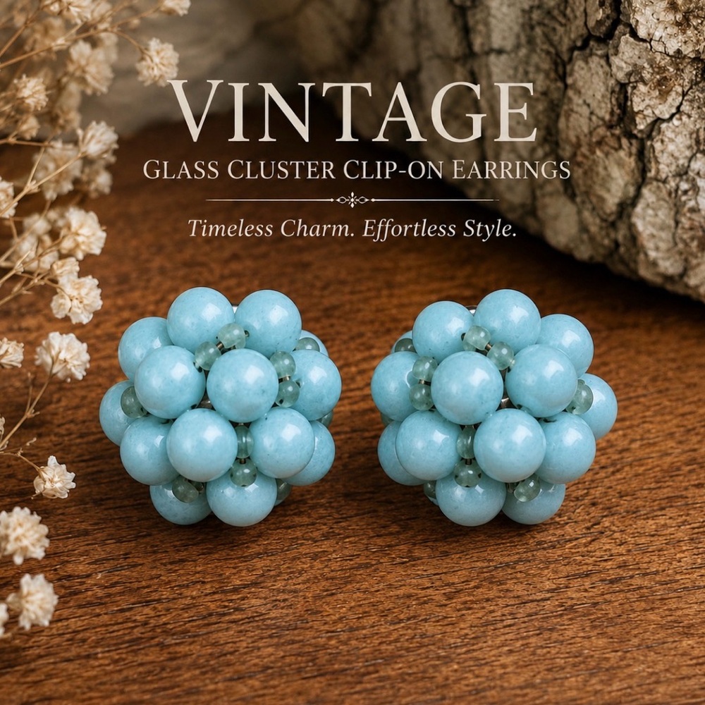 Vintage Blue Glass Cluster Clip-On Earrings Beaded Mid-Century Retro